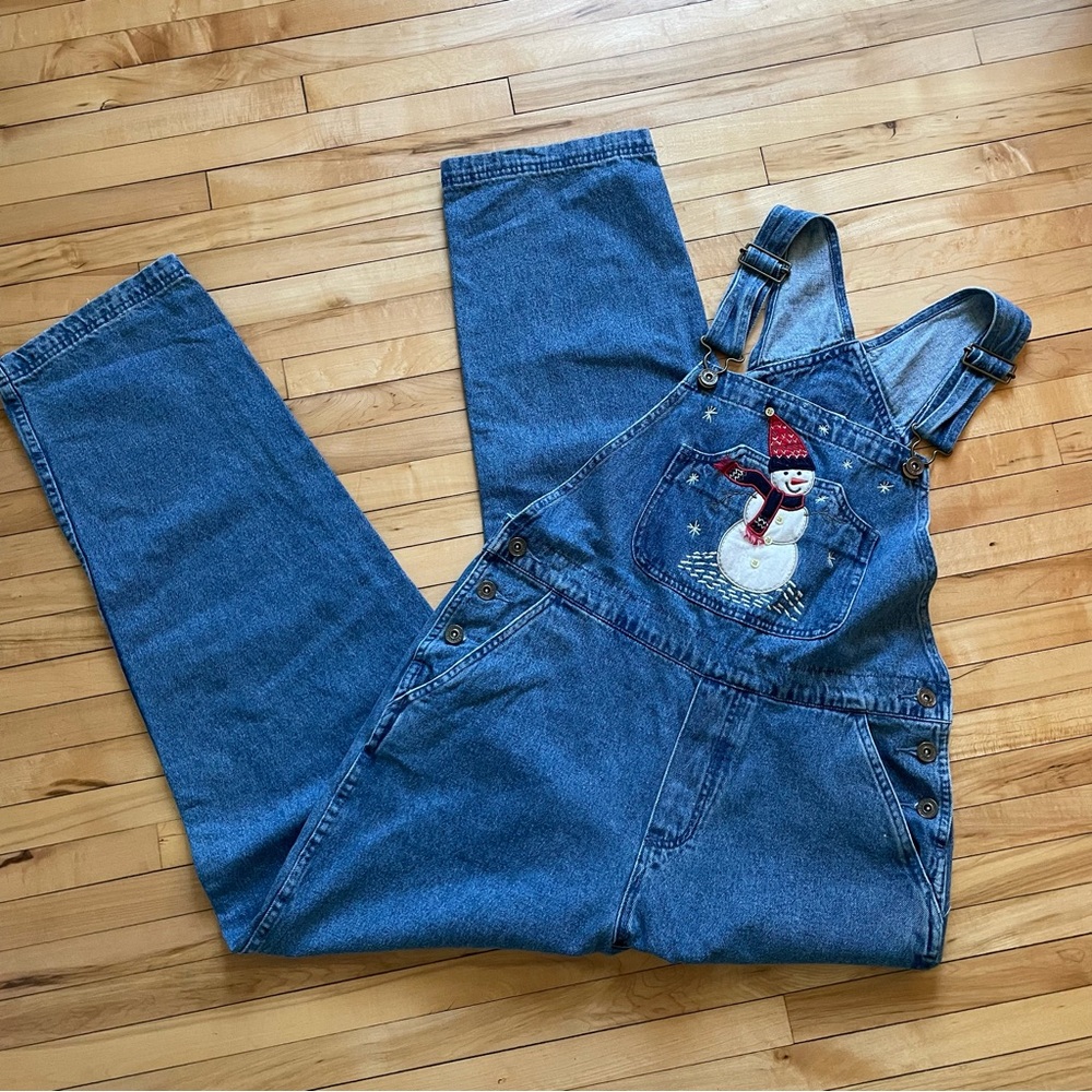 Christopher & Banks Blue Denim Overalls with Snowman Patch
